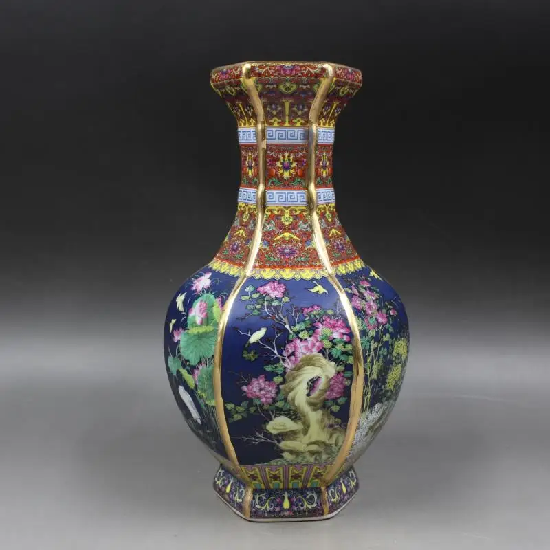 Qing Qianlong антикварная синяя керамическая ваза с эмалью шестиугольная цветком