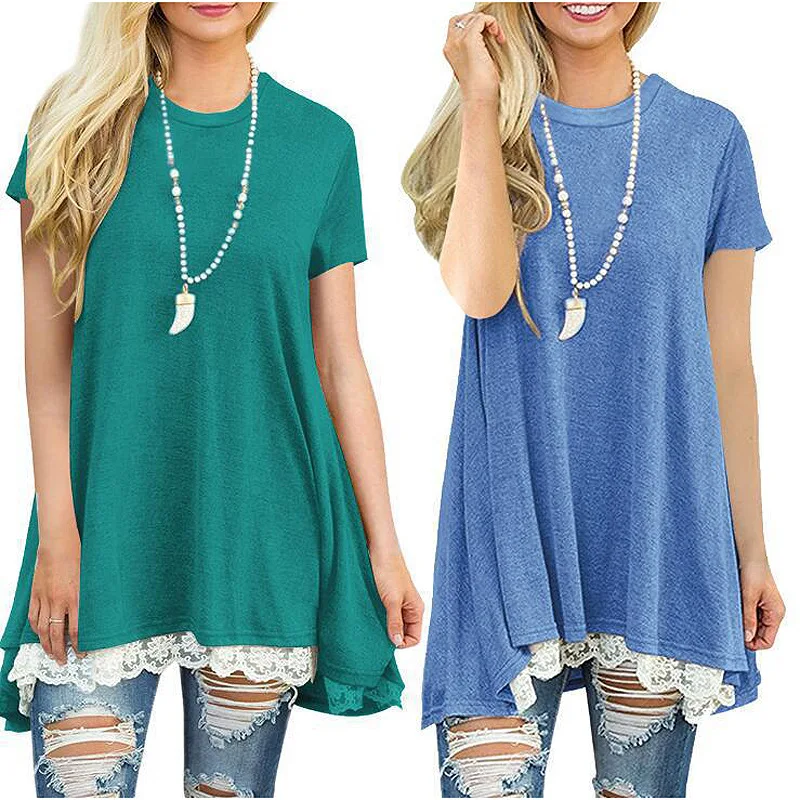 

Women T-Shirts Short Sleeve O-Neck Lace Edge Round The Shirt-tails Shirt Female Spot Loose Tops Solid Color Long Length Shirts