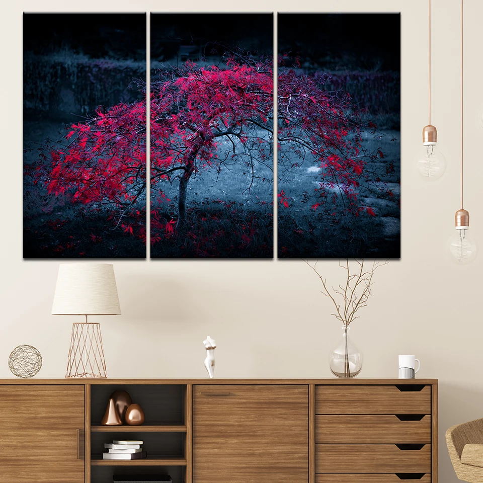 Картина на холсте Красные цветы деревья 3 шт. настенная художественная живопись