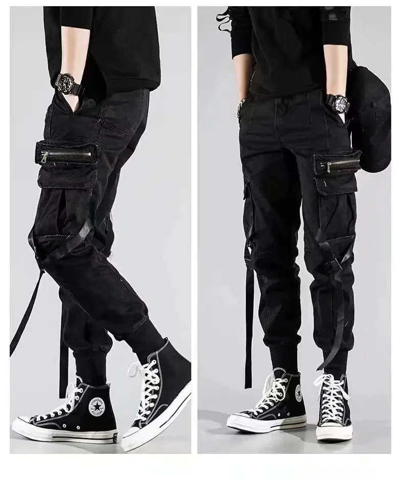 Брюки-карго мужские рваные с лентами спортивные штаны в стиле хип-хоп боковыми