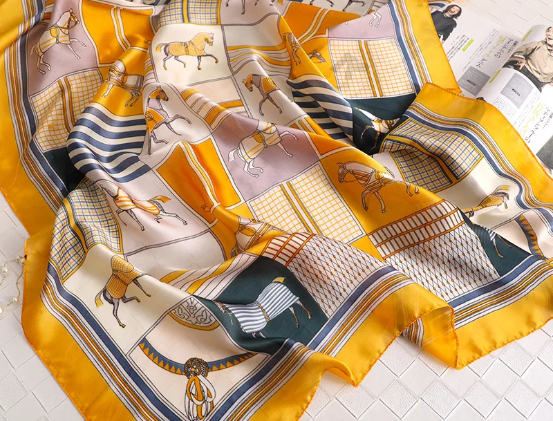 New European fashion retro versatile beach towel female silk office shawl Horse print printing sunscreen silk scarf hot sale