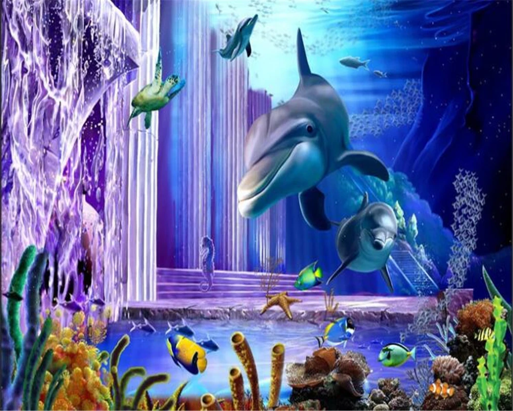

3d обои Beibehang, морской пейзаж, дельфин, черепаха, фиолетовая римская колонна шест, декоративная настенная роспись за телевизор