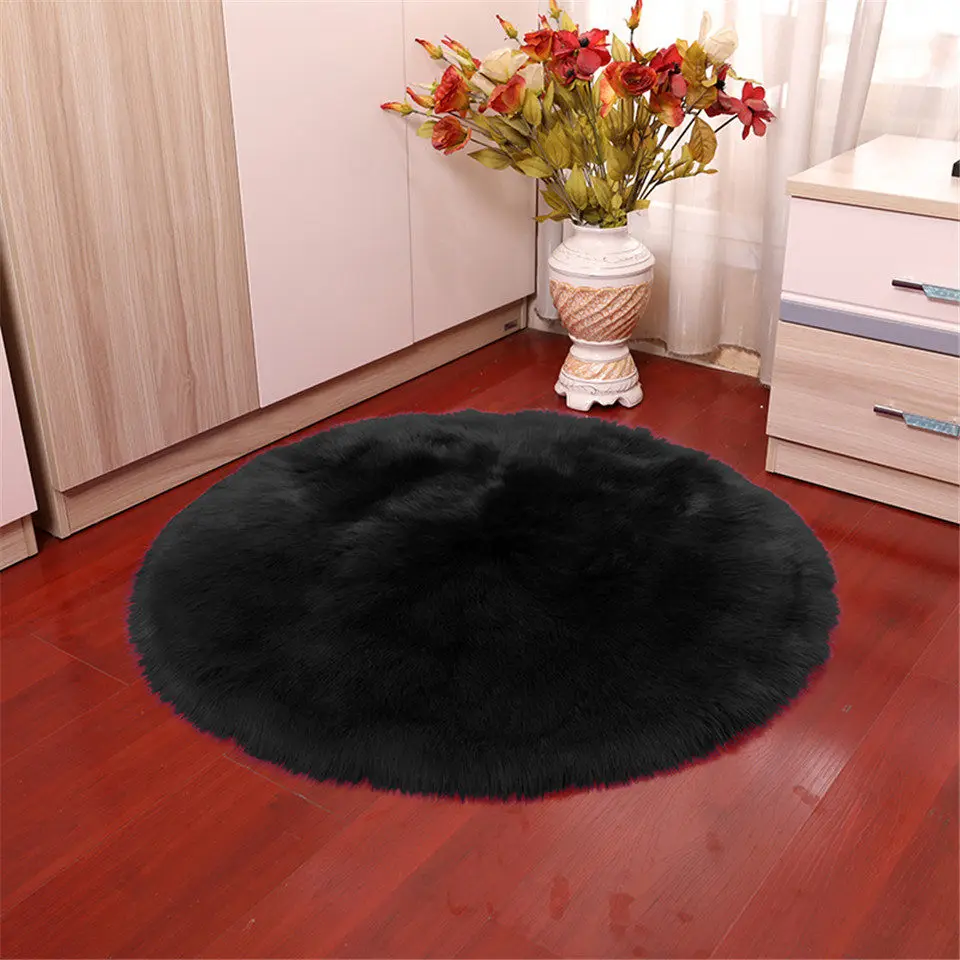 Black 70 см большой круглый ковер DIY белый пушистый коврик мягкая искусственная шерсть овчина ковер для спальни гостиной напольный коврик для резки - Color: Black