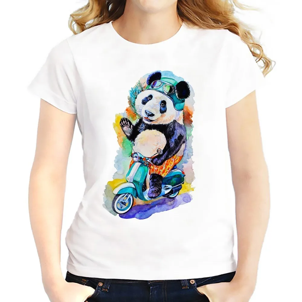 Футболка женская с принтом милой панды на скутере модная повседневная рубашка