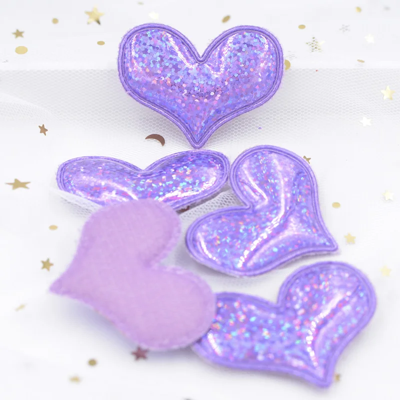 Purple 60 шт., блестящие мягкие нашивки в виде сердца, лазерная ПУ тканевая аппликация для девочек DIY, повязка на голову, головной убор с орнаментом, аксессуары F52 - Цвет: Purple