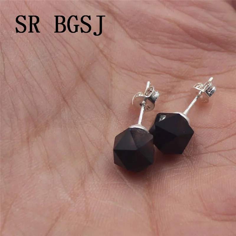 Free Shipping 8mm Sand Stone Tiger Eye Onlyx Round Natural Polygonal Faceted Gems Beads Stud Earrings|Серьги-гвоздики| |