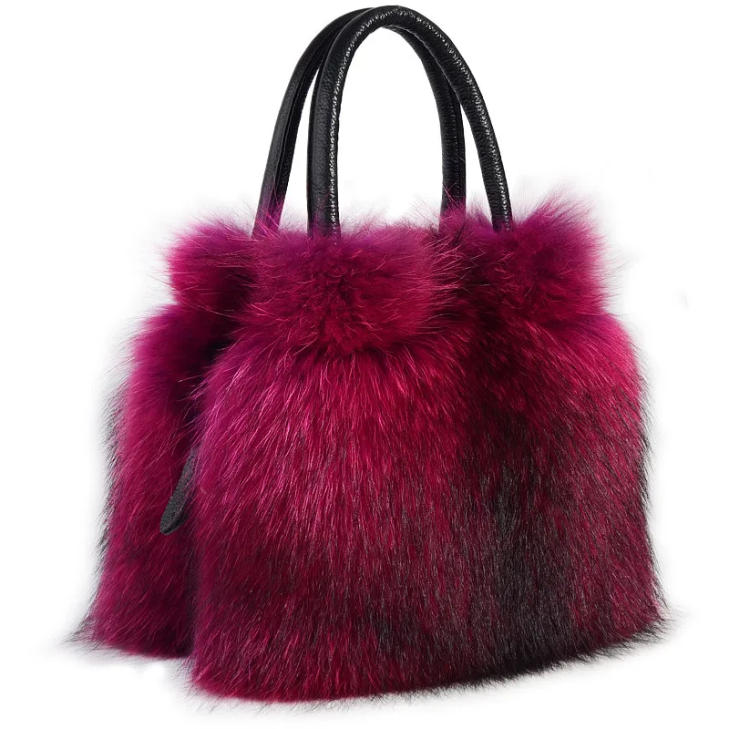 High-End Ladies Real Fox Fur Bag Women Tote Bags Genuine Leather Design Shoulder Bag Cowhide Big Handbag Fashion Ladies Crossbod