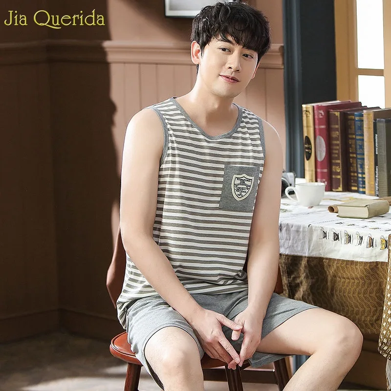 Мужская Хлопковая пижама без рукавов Повседневная полосатая в спортивном стиле