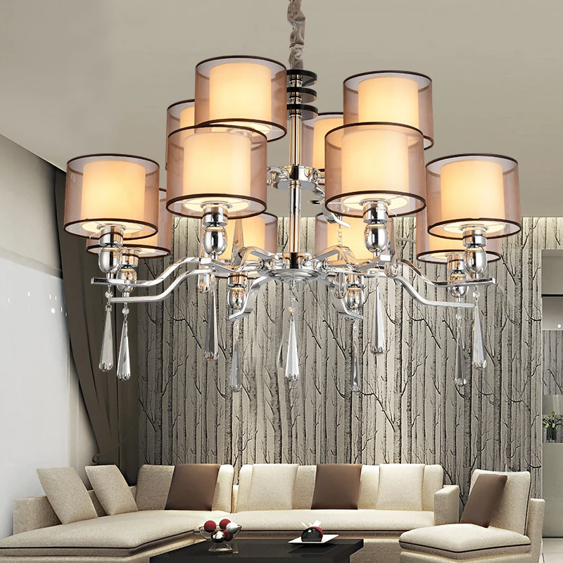 Modern Led Crystal Chandeliers Fabric Shade E27 3 Arms Dining Room Chandelier Lighting Pendientes Lampadario Plafon De Cristal | Освещение
