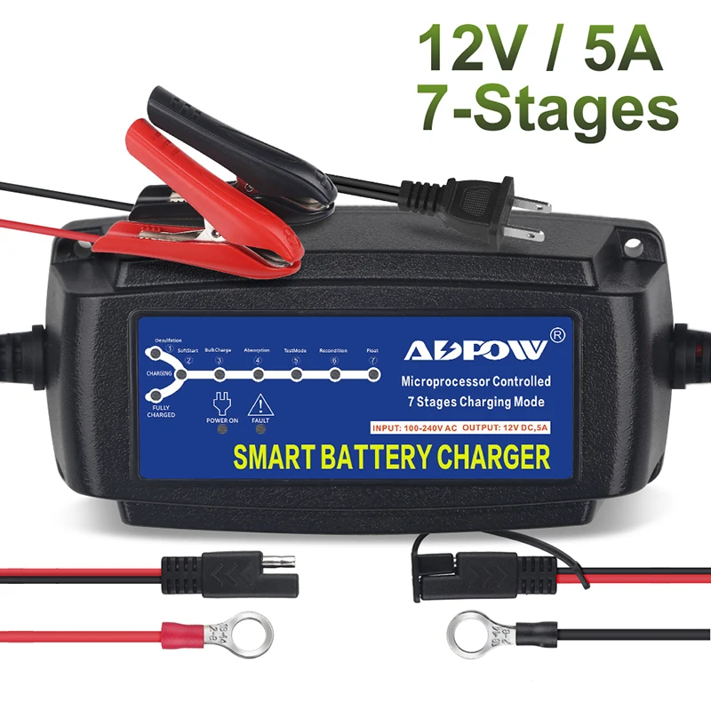 7 Stages Car Battery 12v Charger 5A Desulfator Maintainer For Lead Acid AGM GEL WET MF EFB Batteries Charging 15Ah To 120Ah