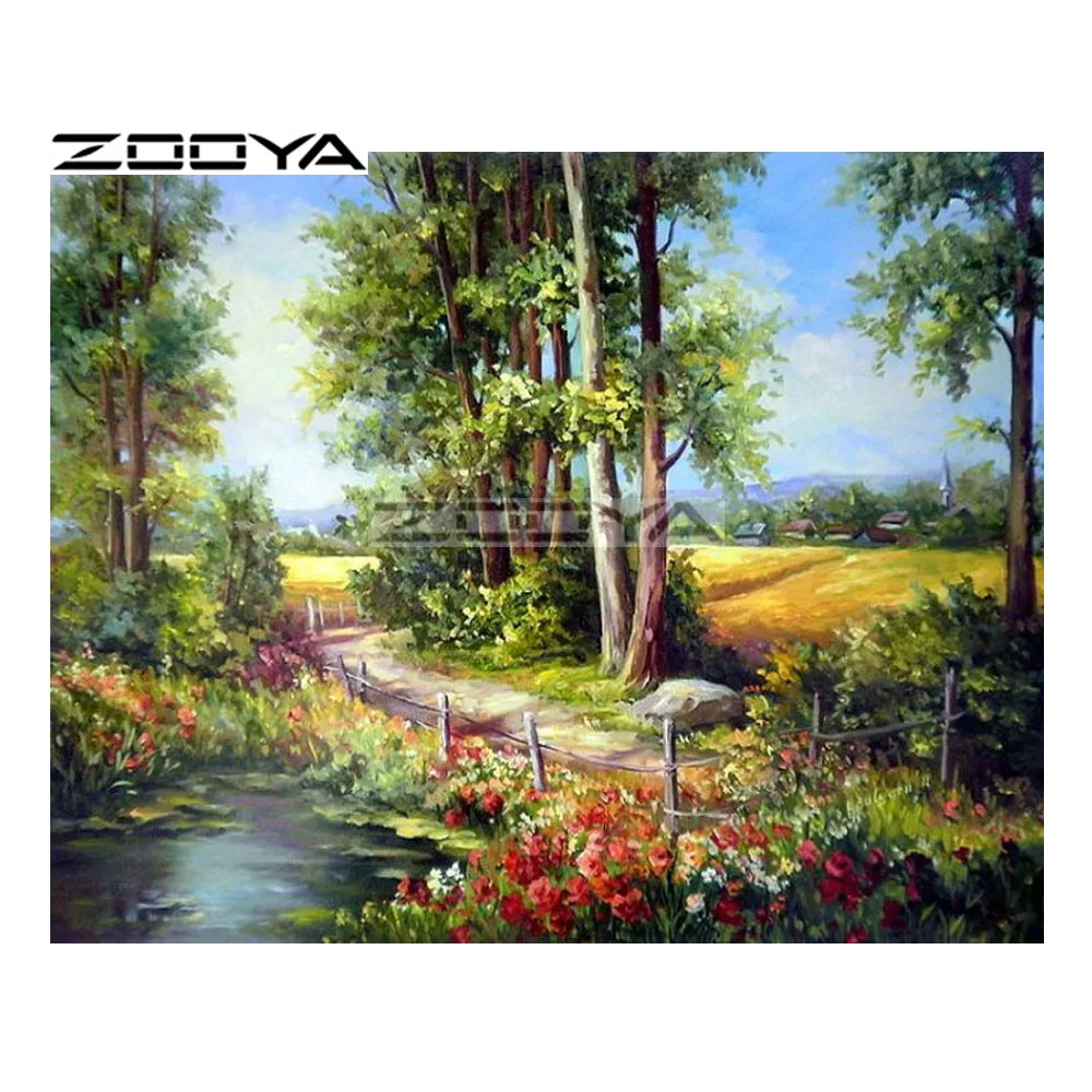 ZOOYA 5D алмазная живопись сделай сам дом деревья луг озеро цветок дорога вышивка