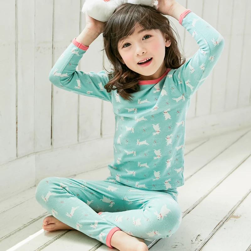 

Baby Girl Rabbit Cartoon Sweatshirt Soft Cotton Pink Green Pajamas Animals Sleepwear Kids Long Sleeve Clothes Set