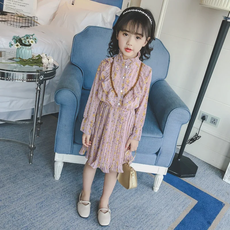 2019 new spring 3 - 12 yrs little girls loose chiffon dress winter long sleeve dresses print floral party frocks for baby | Детская