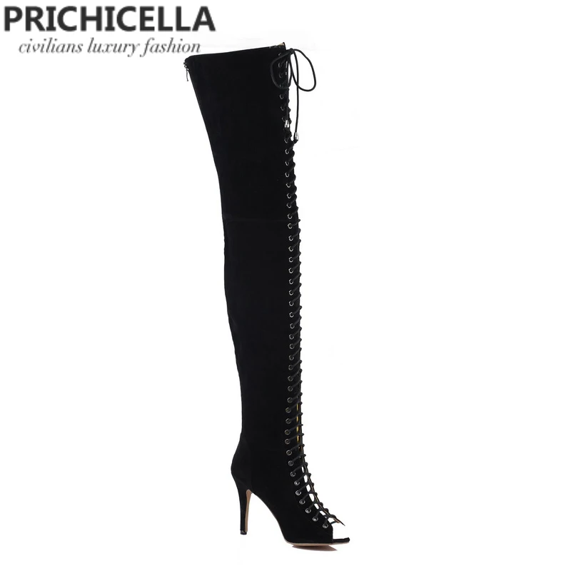 PRICHICELLA/пикантные женские сапоги-гладиаторы с открытым носком на высоком каблуке со шнуровкой; цвет красный, черный, коричневый; высокие сапоги до бедра; size35-42