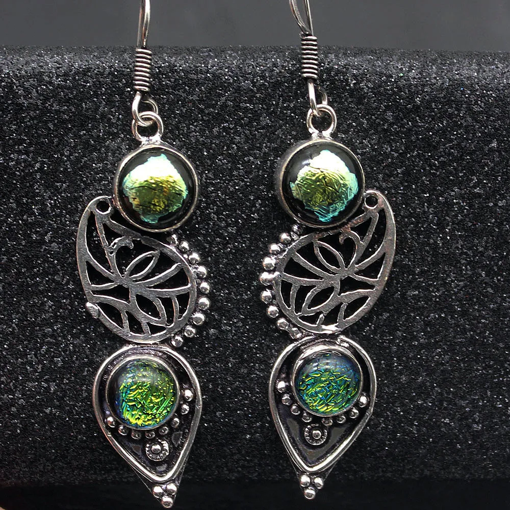 

Charms Vintage Dichroic Glass 925 Sterling Silver Color Ladies Dangle Earrings 2 3/8 Inch TF1021 Free Shipping