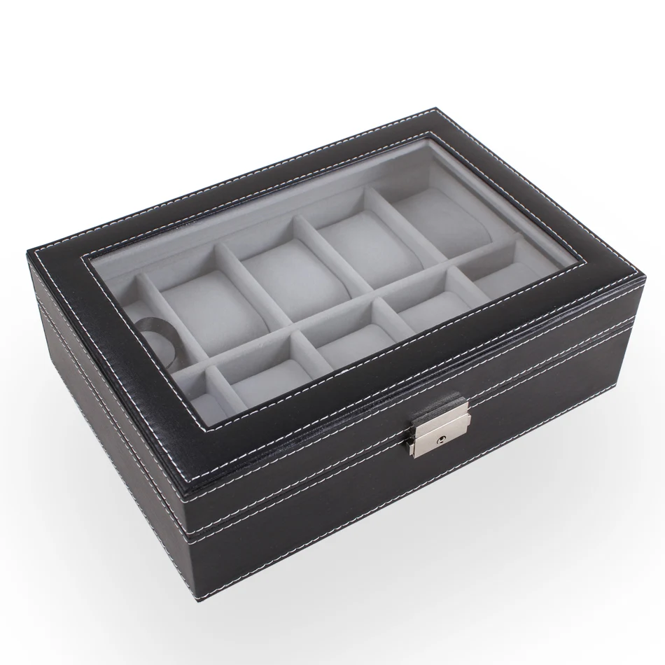 Роскошные старший 10 слотов Дисплей кожа WatchBox серый Бархатный Чехол Органайзер