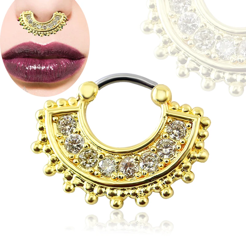 Stainless Steel Gold 8 Cubic Zircon Unique Septum Ring Online Nose Hoop Jewelry Buy For Women | Украшения и аксессуары
