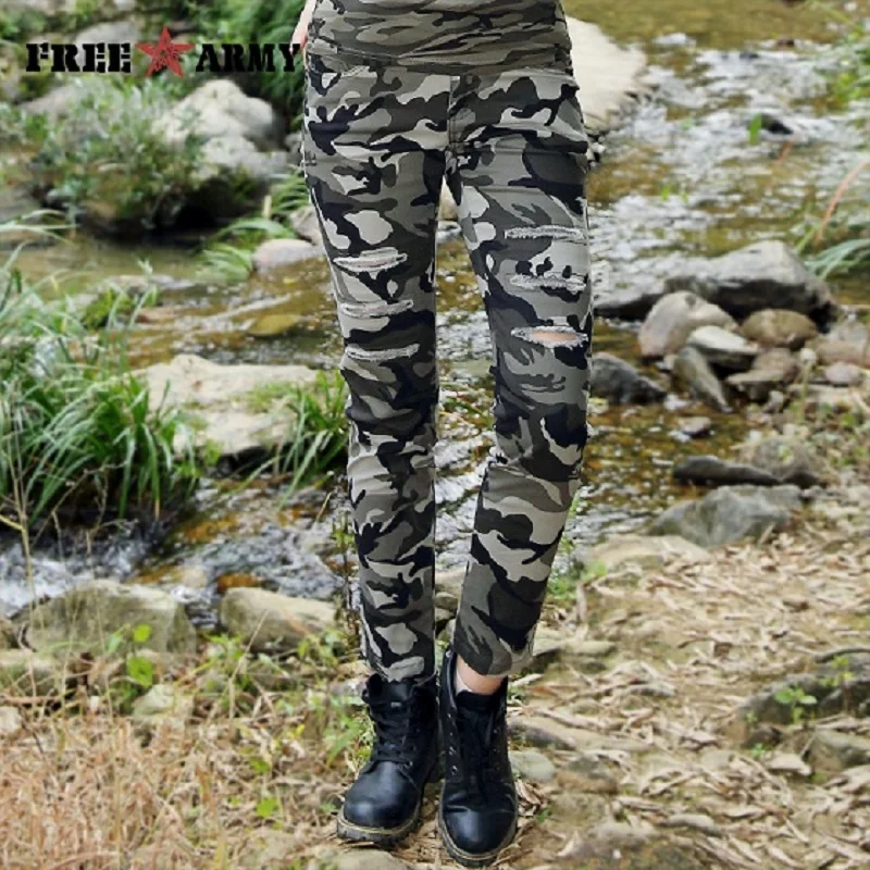 

FreeArmy Women Skinny Pencil Pants Holes Destroyed Sexy Slim Women's Trousers Camo Pants Stretch Casual Hip Hop Pants Female