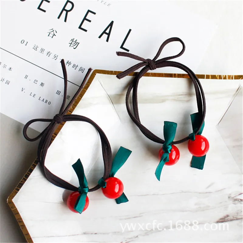 Fashion Hot Sale Two Red bead Rubber bands Leaf Cherry Elastic Girls Hair Accessories for Popular Women Headwear Gum