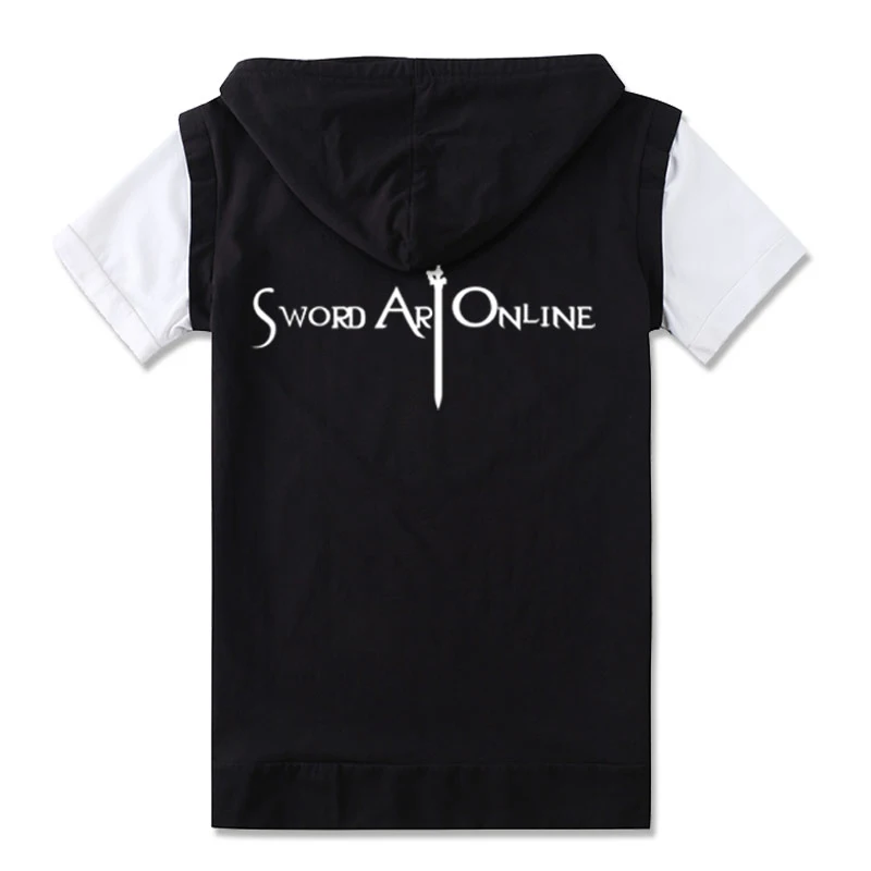 Аниме SAO Sword Art Online, косплей костюм, короткий рукав, футболка с капюшоном, летняя унисекс толстовка с капюшоном, поддельные топы из двух частей