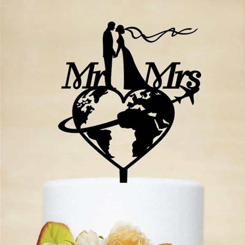 

Travel Themed Mr & Mrs Wedding Cake Topper Travel World Map Bride and Groom Cake Topper Rustic Wedding Decor