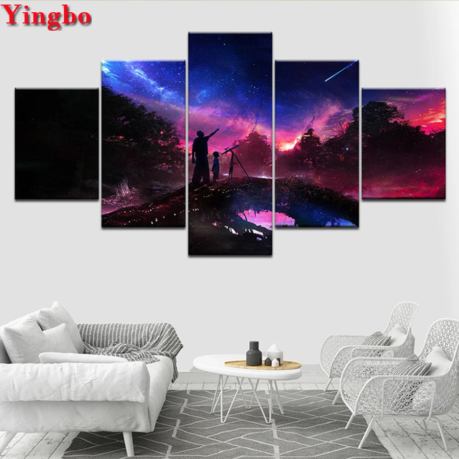 Полная дрель квадратная Алмазная картина Круглая 5 панель отражение космическая