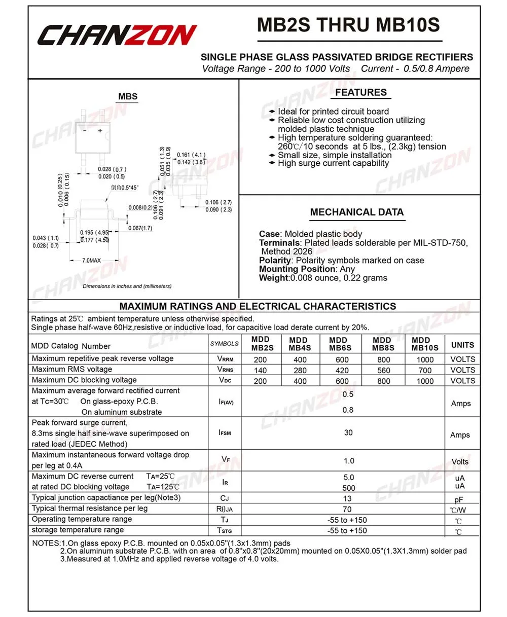 100 шт. MB10S SMD мостовой выпрямитель диод 0.5A 1000 В MBS(SOIC-4) однофазный 0,5 Ампер 1000 Вольт MB 10S кремния