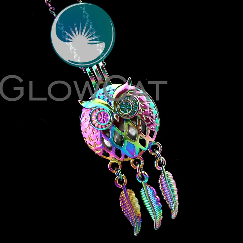 

R-C707 Colorful Owl Dream Catcher Beads Cage Pendant Perfume Diffuser Aromatherapy Pearl Cage Locket Necklace