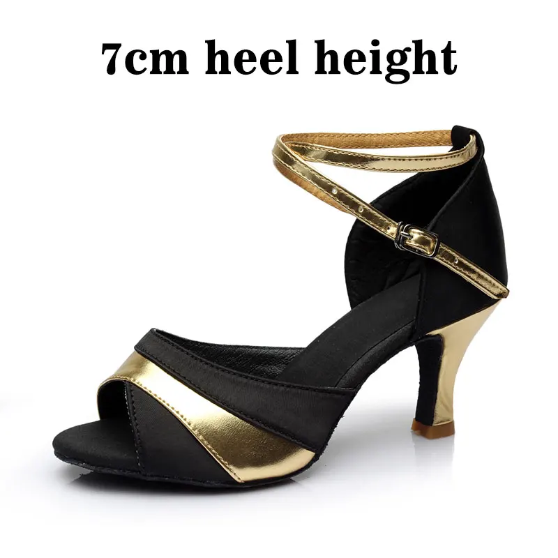 Брендовая обувь для бальных танцев черного и серебристого цвета; женская обувь для латинских танцев и сальсы на каблуке 5,5 см/7 см; женская танцевальная обувь - Цвет: 7cm-Gold