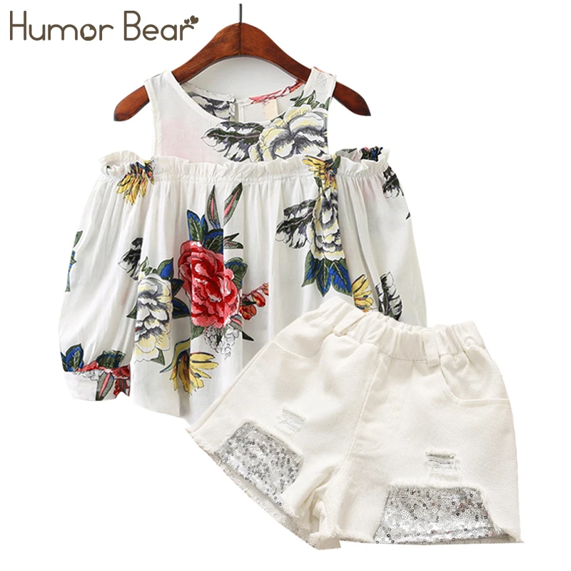 Humor Bear/ г. Новые летние модные стильные комплекты одежды для девочек Дизайнерская футболка с вышивкой+ джинсы, детская одежда комплекты детской одежды