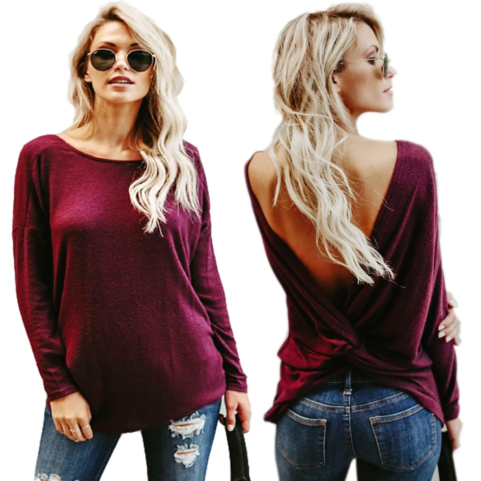 Женская футболка с открытой спиной и V-образным вырезом Свободный Повседневный