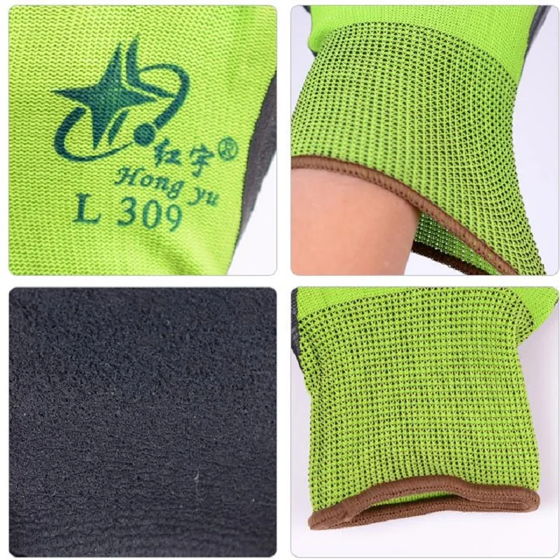 

12 Pairs Latex Work Gloves Anti-cut Anti-skid Acid Alkali Green Wear-resistant Construction Mechanic Labor Protective Gloves