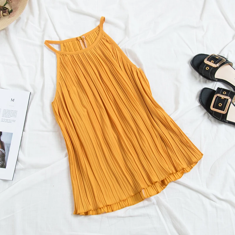 Рубашка женская шифоновая плиссированная без рукавов милый однотонный топ на