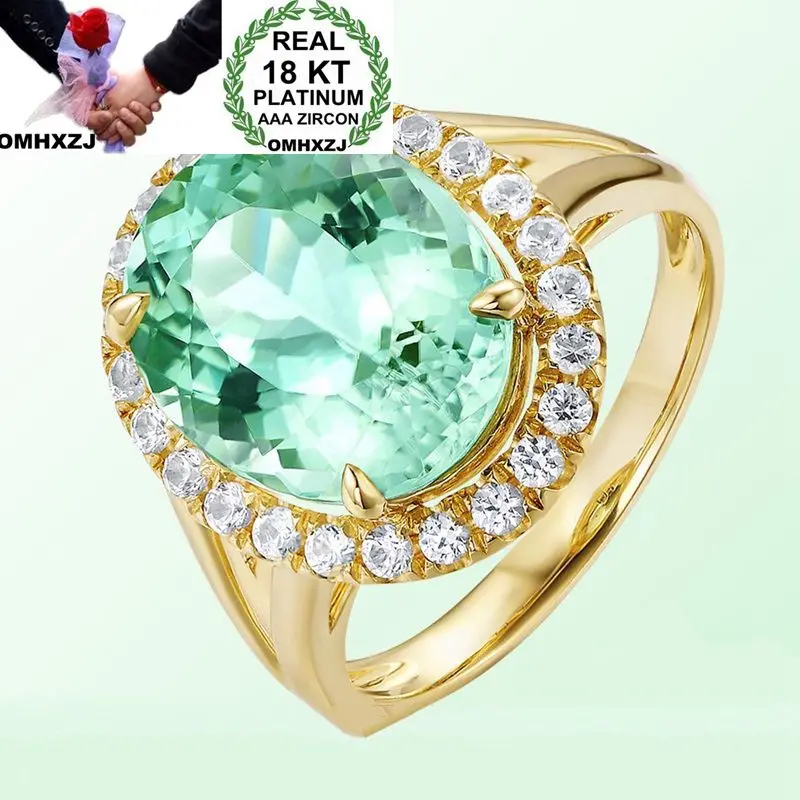 

OMHXZJ Wholesale European Fashion Woman Man Party Wedding Gift Luxury Oval White Green AAA Zircon 18KT Yellow Gold Ring RR721