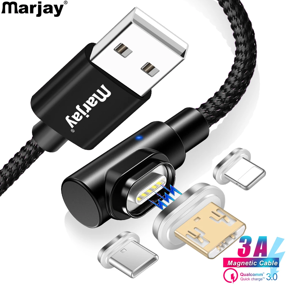 

Marjay Magnetic USB Cable 90 Degree 3A Fast Charger Micro USB Type C Cable For iPhone Samsumg Xiaomi Huawei Mobile Phone Cables