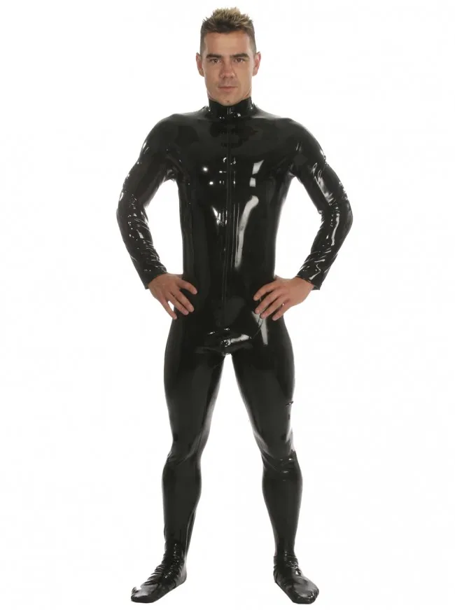 Front Zip Latex Catsuit With Feet For Men latex bodysuit full cover rubber sexy leotard | Тематическая одежда и униформа
