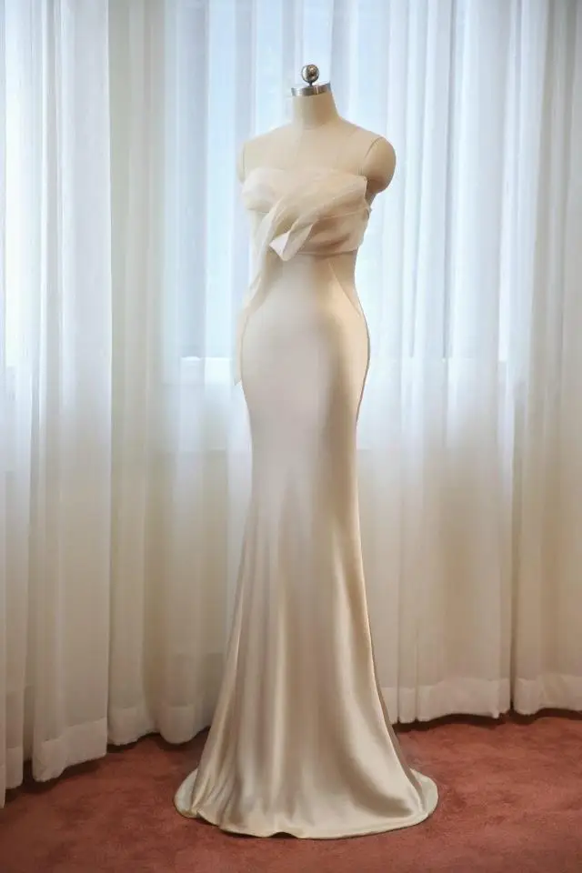 Vestidos De Fiesta атласное с юбкой-русалкой вечернее платье Соблазнительные вечерние платья Дешевые Длинные вечернее платье с оборками Белое нарядное платье - Цвет: light champagne