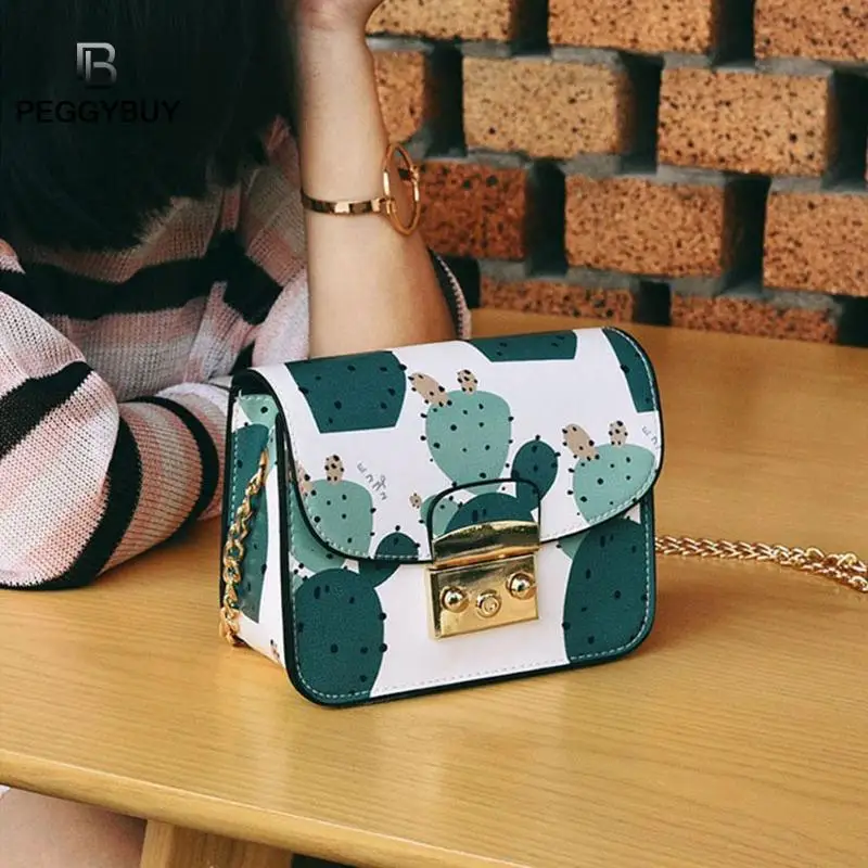 Новая модная женская сумка через плечо для девочек с принтом кактуса, кожаные сумки через плечо, женская сумка через плечо, женская сумка на цепочке