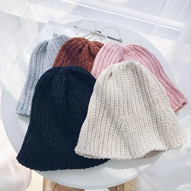 Осень Зима синель ручной вязки Skullies женские модные толстые теплые однотонные