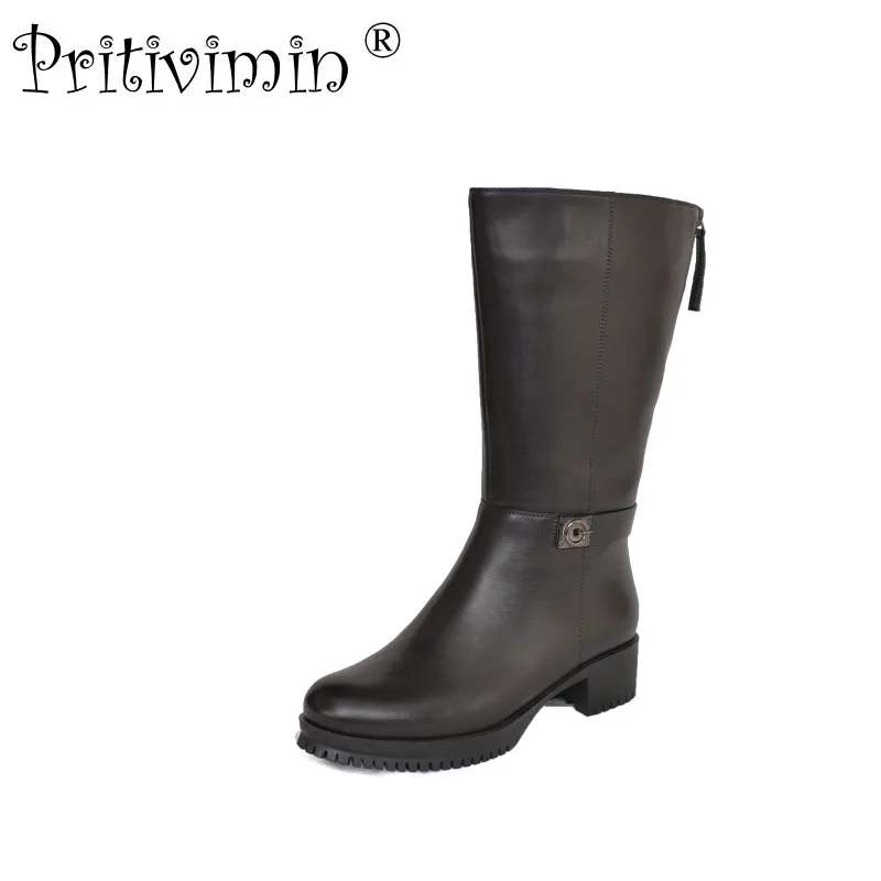 

2018 female winter warm real fur lined shoe woman thick high heel long boot Ladies genuine leather footwear Pritivimin FN62