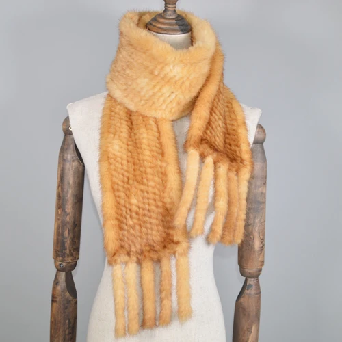 New Long Style Women Real Mink Fur Scarf Genuine Real Mink Fur Ring Scarfs Warm Soft Quality Knitted Real Mink Fur Shawl Scarves - Цвет: yellow