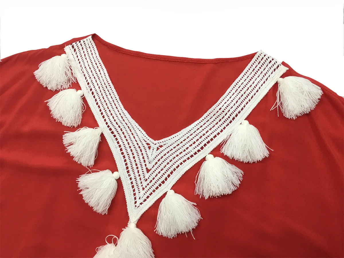 Богемное длинное платье средней длины с вышивкой и большими кисточками v