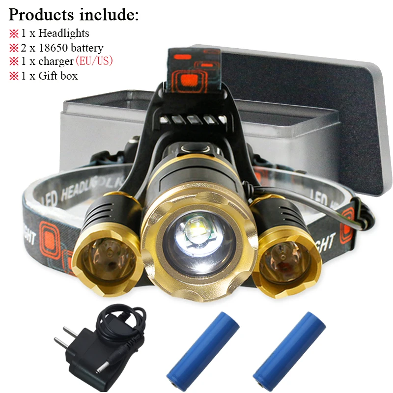 B-BOX Белый желтый светильник 3T6 cree xml t6, светодиодный налобный фонарь, налобный светильник, перезаряжаемый светильник-вспышка, налобный фонарь, водонепроницаемый - Испускаемый цвет: B-BOX