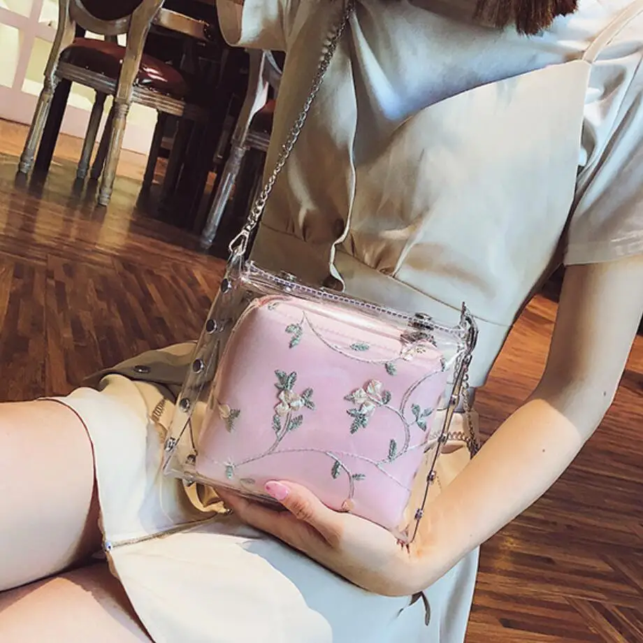 Transparent Jelly bag 2019 Summer New Quality Women's Designer Handbag Lace Flower Chain Shoulder Messenger Purses Bolsas | Багаж и