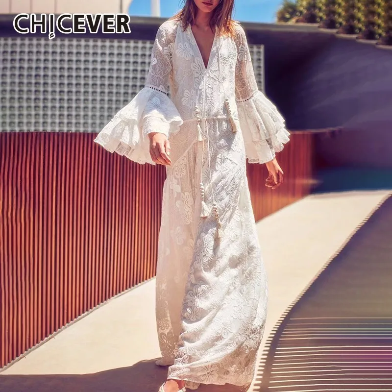 

CHICEVER Summer Elegant Embroidery White Dress For Women V Neck Flare Sleeve Patchwork Tassel Loose A-line Ankle Length Dresses