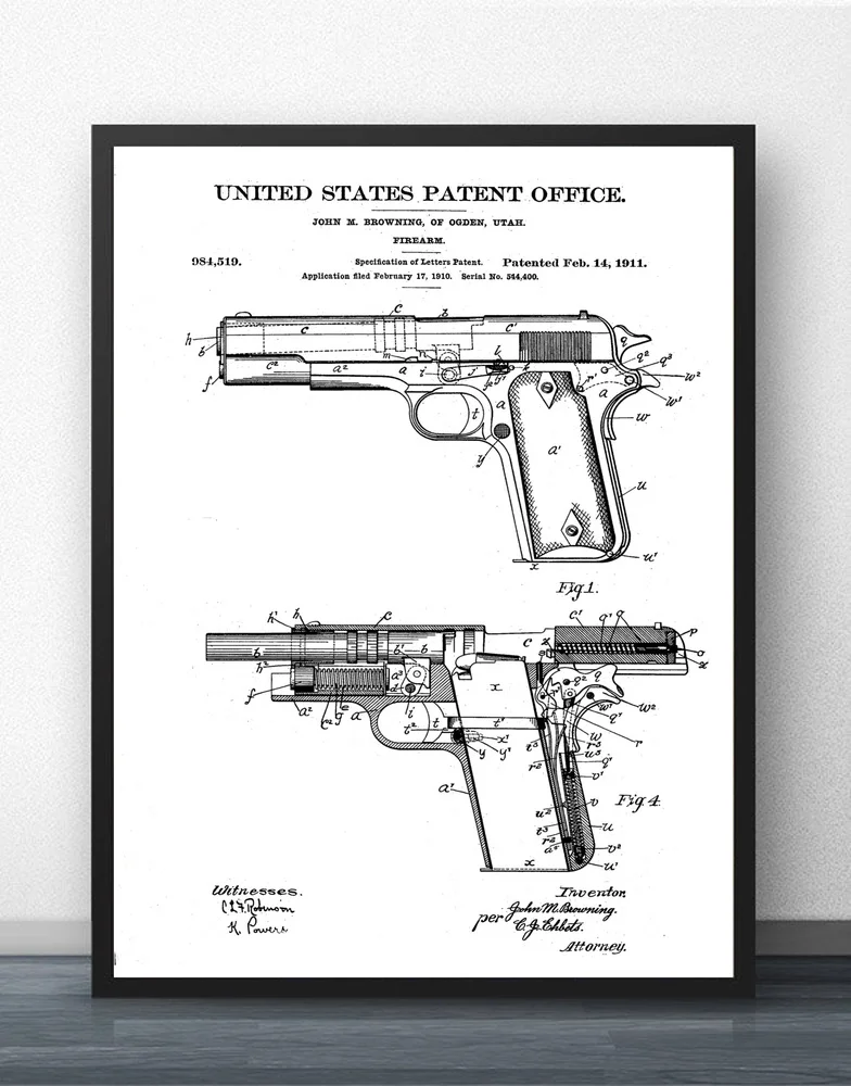 Colt 1911 патент на пожарную руку Настенная картина Настенный декор холст маслом без