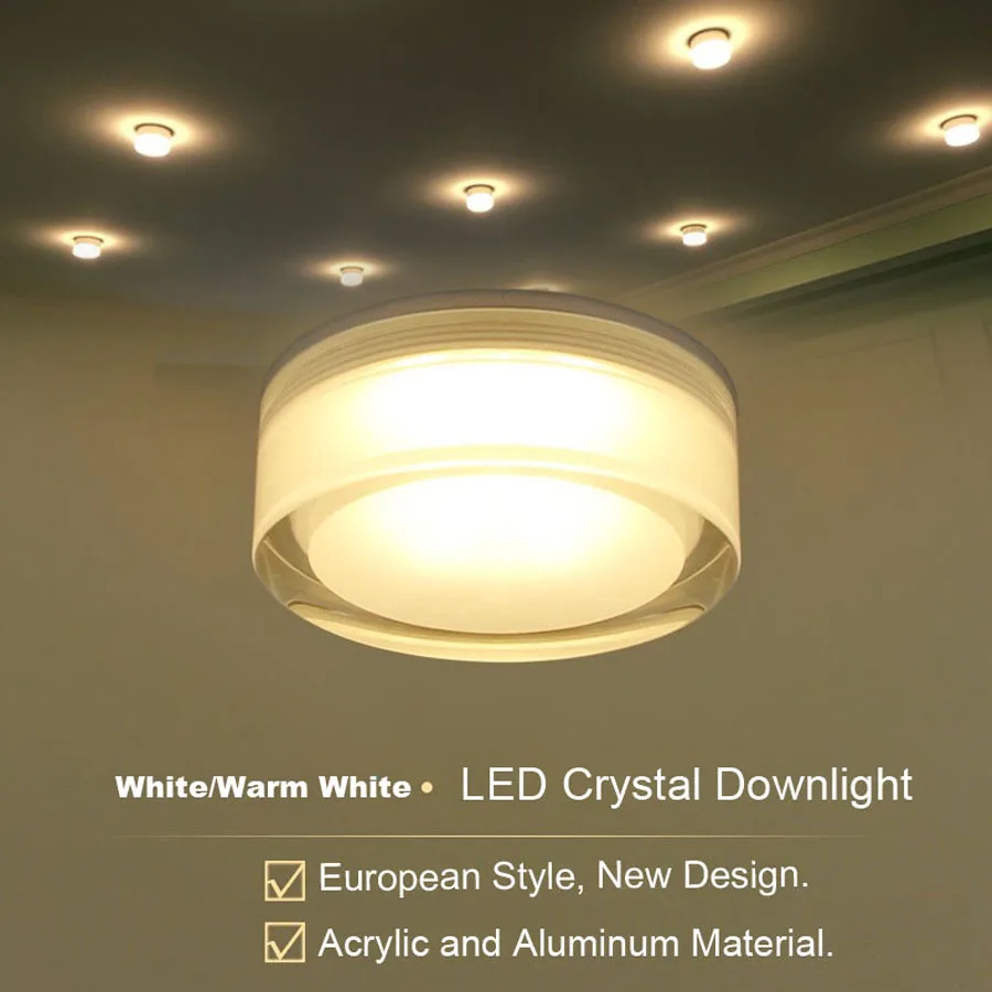 Blanco cálido/blanco luz LED descendente de cristal 1W 3W 5W 7W LED empotrable de techo montado en la superficie de la luz del punto para la decoración de la casa