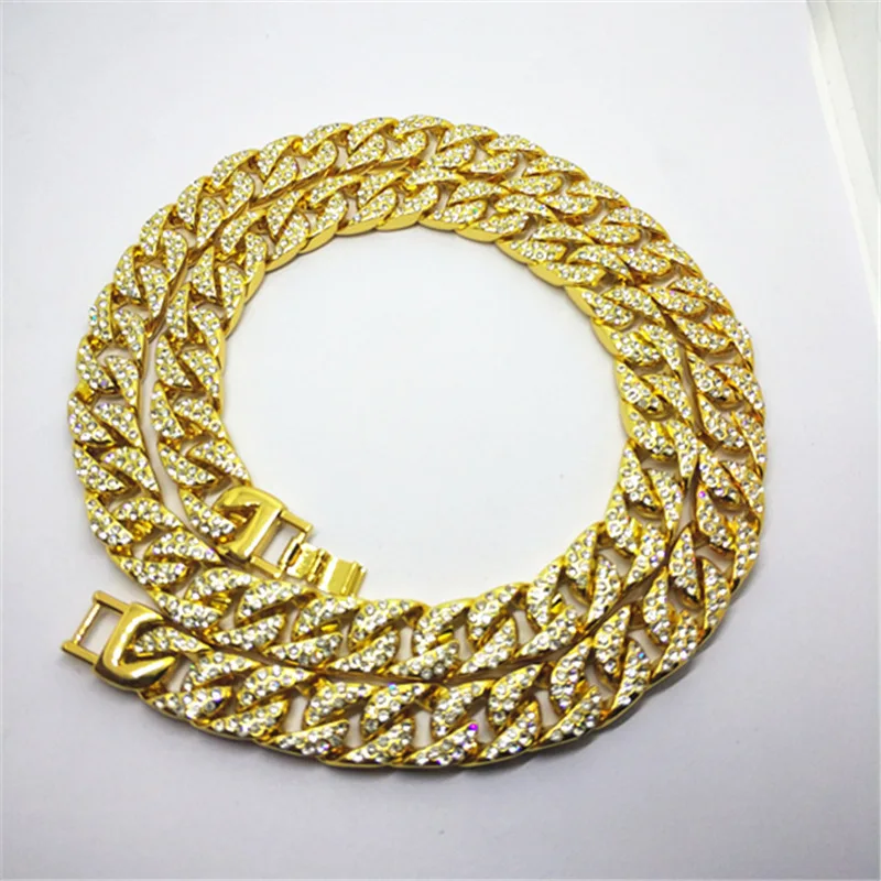 

15mm 42cm 50cm 60cm 75cm Iced Out Bling Rhinestone Golden Finish Miami Cuban Link Chain Necklace Men's Hip hop Necklace Jewelry