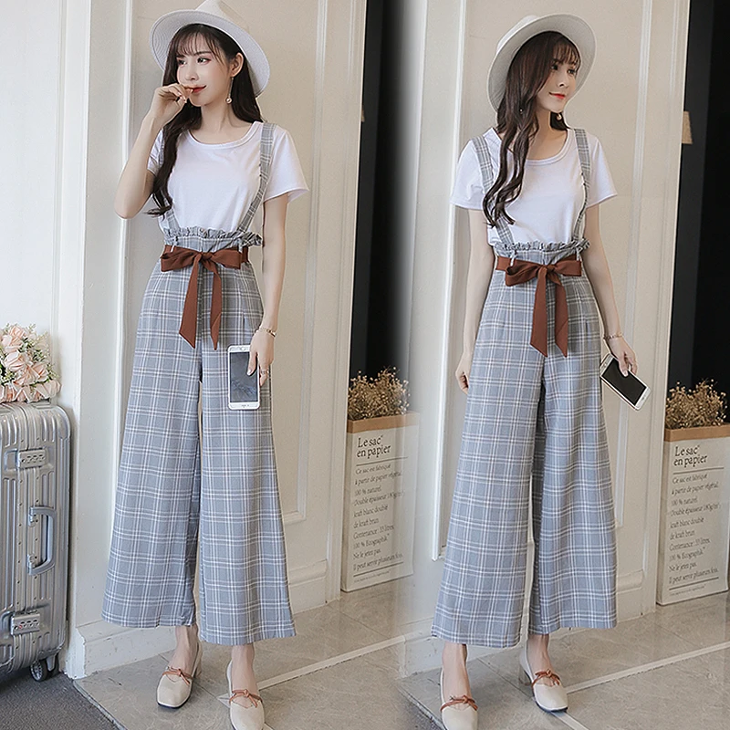 Клетчатые широкие брюки для женщин 2018 модные штаны на подтяжках с бантом