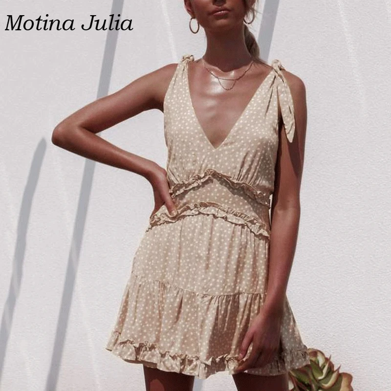 Motina Julia 2019 летнее платье в горошек с принтом женское глубоким v образным вырезом
